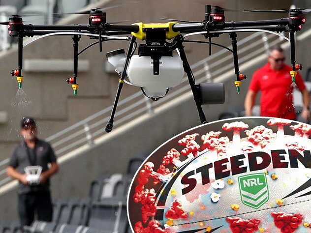 Bankwest Stadium in Parramatta is looking at all options for ensuring the stadium remains virus free if crowds are eventually allowed to return to watch live sport including the use of drones to spray the stadium clean after crowds have left. A drone is seen spraying water during a test over the seats at the southern end. Picture: Toby Zerna