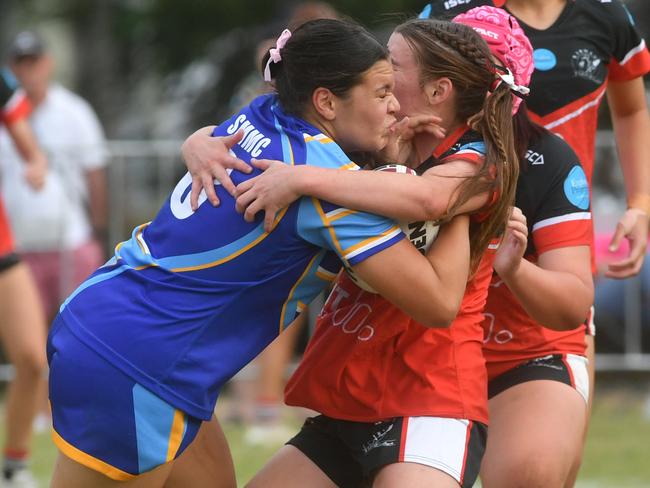 St Margaret Mary's College's Evoltia Tuala is tackled by Kirwan's Sari Ericson. Picture: Evan Morgan