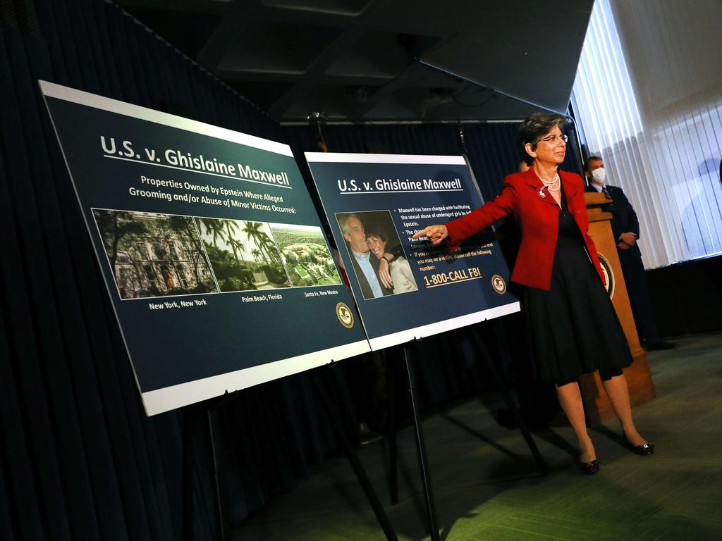 Audrey Strauss points to boards featuring Epstein’s houses and a picture of Maxwell with him. Picture: Spencer Platt/Getty Images/AFP