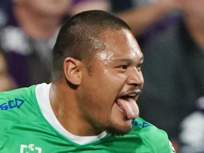 Joey Leilua of the Raiders runs with the ball over the try line but was later overused during the NRL Second Qualifying match between the Melbourne Storm and the Canberra Raiders at AAMI Park in Melbourne, Saturday, September 14, 2019. (AAP Image/Michael Dodge) NO ARCHIVING, EDITORIAL USE ONLY