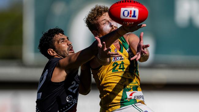 Marlion Pickett and Jackson Calder as St Mary's took on the Tiwi Bombers in the 2024-25 NTFL men's semi-final. Picture: Pema Tamang Pakhrin