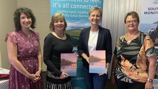 Reef Catchments CEO Katrina Dent, Healthy River to Reef Partnership chairwoman Julie Boyd, Whitsunday MP Amanda Camm and Mackay Deputy Mayor Karen May discussing the results of the Report Card 2020. Picture: Lillian Watkins