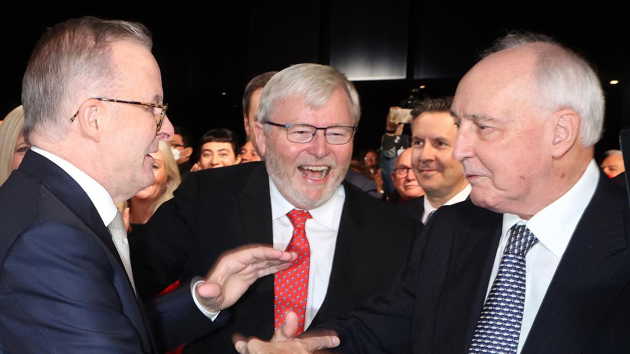 Labor leader Anthony Albanese welcomed by Kevin Rudd and Paul Keating, Labor Party launch at Optus Stadium, Perth WA. Picture: Liam Kidston.