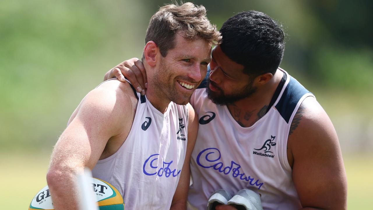 GOLD COAST, AUSTRALIA - SEPTEMBER 01: Bernard Foley and Folau Fainga'a during an Australia Wallabies training session at Sanctuary Cove on September 01, 2022 in Gold Coast, Australia. (Photo by Chris Hyde/Getty Images)