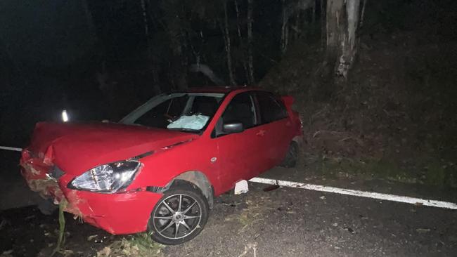 A stolen Mitsubishi Lancer crashed on the Gillies Range Rd, Gordonvale. Picture: Supplied