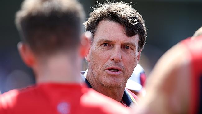 Paul Roos talks to his players at three-quarter time. Picture: Wayne Ludbey