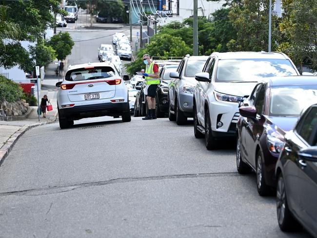 Cars lined up in Brisbane as people waited to get COVID tests. Picture: Getty Images