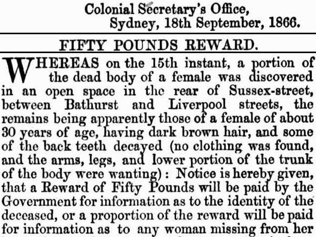 A reward was offered to help identify the woman whose remains were found in Sussex Street, Sydney. Picture: Trove