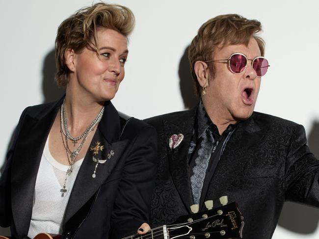 EMBARGOED FOR 4AM FEB 6. Elton John and Brandi Carlile reveal their secret record Who Believes In Angels? Picture: Supplied.