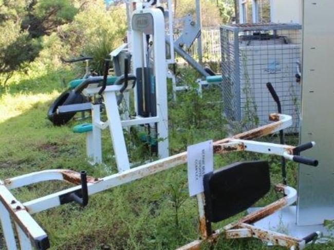 Gym equipment found outside the complex.