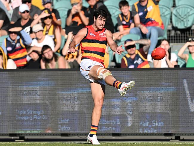 LAUNCESTON, AUSTRALIA - APRIL 23: Darcy Fogarty of the Crows kicks a goal during the round six AFL match between Hawthorn Hawks and Adelaide Crows at University of Tasmania Stadium, on April 23, 2023, in Launceston, Australia. (Photo by Steve Bell/Getty Images)