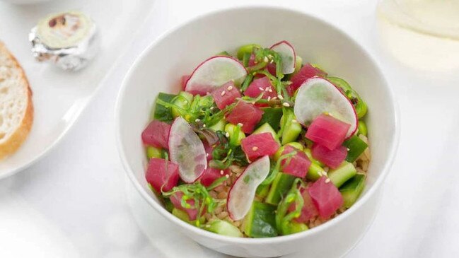 Business class meals offered on Qantas flights exiting Australia include the seared tuna salad. Picture: Qantas