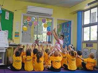 ALL HAIL THE AIR-CON: Prep students and their teacher enjoy the air-conditioning. Picture: Samantha O'Neil