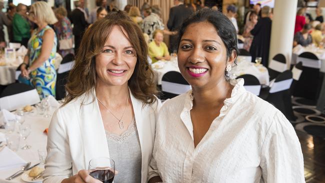 Sherry Fatica (left) and Renita Androse at the International Women's Day lunch hosted by Zonta Club of Toowoomba at Picnic Point, Friday, March 3, 2023. Picture: Kevin Farmer