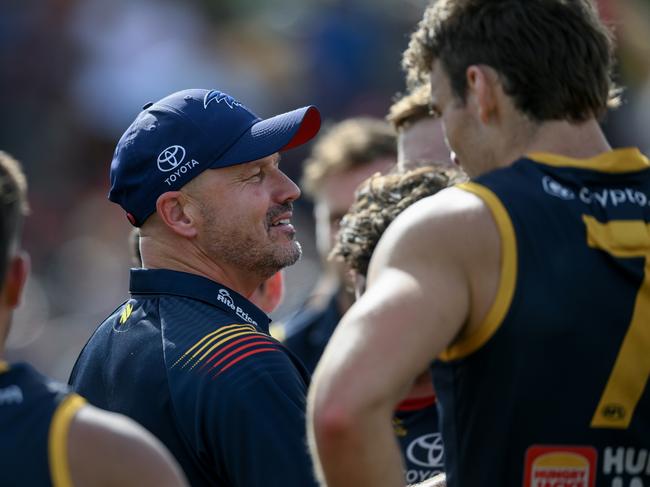 ADELAIDE, AUSTRALIA - MARCH 02:  Matthew Nicks, Senior Coach of the Crows at  three quarter time during the 2024 AFL Community Series match between Adelaide Crows and West Coast Eagles at Hisense Stadium on March 02, 2024 in Adelaide, Australia. (Photo by Mark Brake/Getty Images)