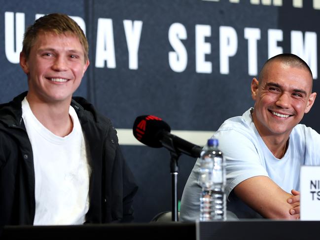 SYDNEY, AUSTRALIA - JULY 18: Tim Tszyu and Nikita Tszyu share a joke during a Tim Tszyu Fight Announcement at Tszyu Fight Club on July 18, 2024 in Sydney, Australia. (Photo by Brendon Thorne/Getty Images)