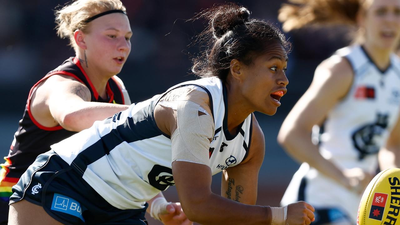 Carlton and Essendon have strongly condemned an unidentified crowd member who racially vilified Blues defender Vaomua Laloifi at Windy Hill on Saturday. Picture: Michael Willson / Getty Images