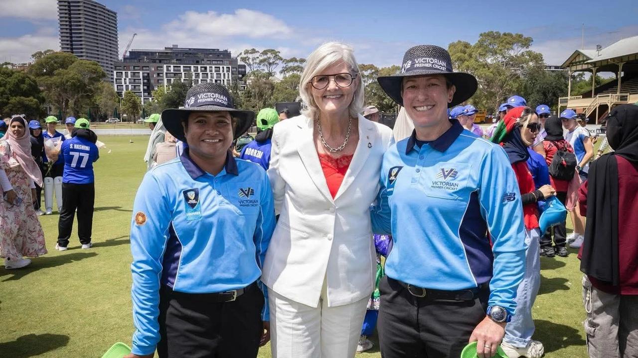 Geelong umpire Kisara De Alwis with colleague Louise Broadfoot (right) and Governor-General Sam Mostyn AC at the Cricket Without Borders V Afghanistan Women's XI at the CitiPower Centre in January, 2025. Picture: Kisara De Alwis LinkedIn.