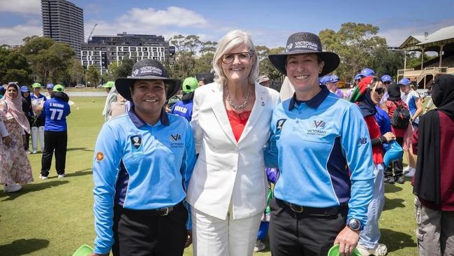 Geelong umpire Kisara De Alwis with colleague Louise Broadfoot (right) and Governor-General Sam Mostyn AC at the Cricket Without Borders V Afghanistan Women's XI at the CitiPower Centre in January, 2025. Picture: Kisara De Alwis LinkedIn.