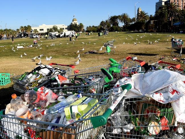 Rubbish left by Christmas Day revellers at St Kilda foreshore. Picture: Nicole Garmston