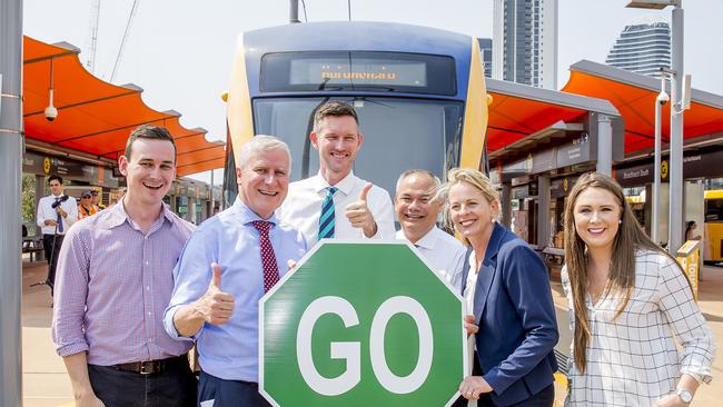 Sam O'Connor MP, Deputy Prime Minister of Australia, Michael McCormack, Transport Minister Mark Bailey, Gold Coast Mayor Tom Tate, Angie Bell MP, and Meaghan Scanlon MP. Picture: Jerad Williams