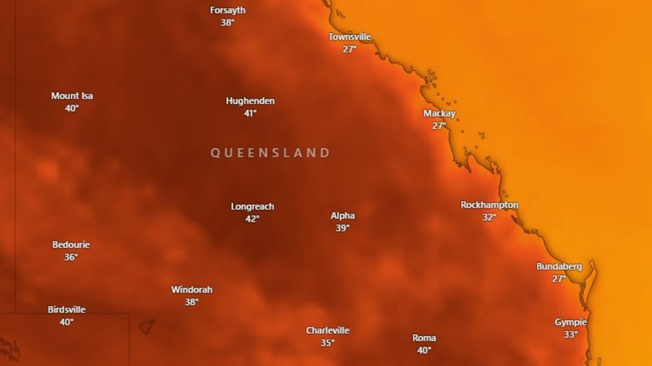 Heatwave conditions are expected across much of Queensland today. Picture: Windy.com