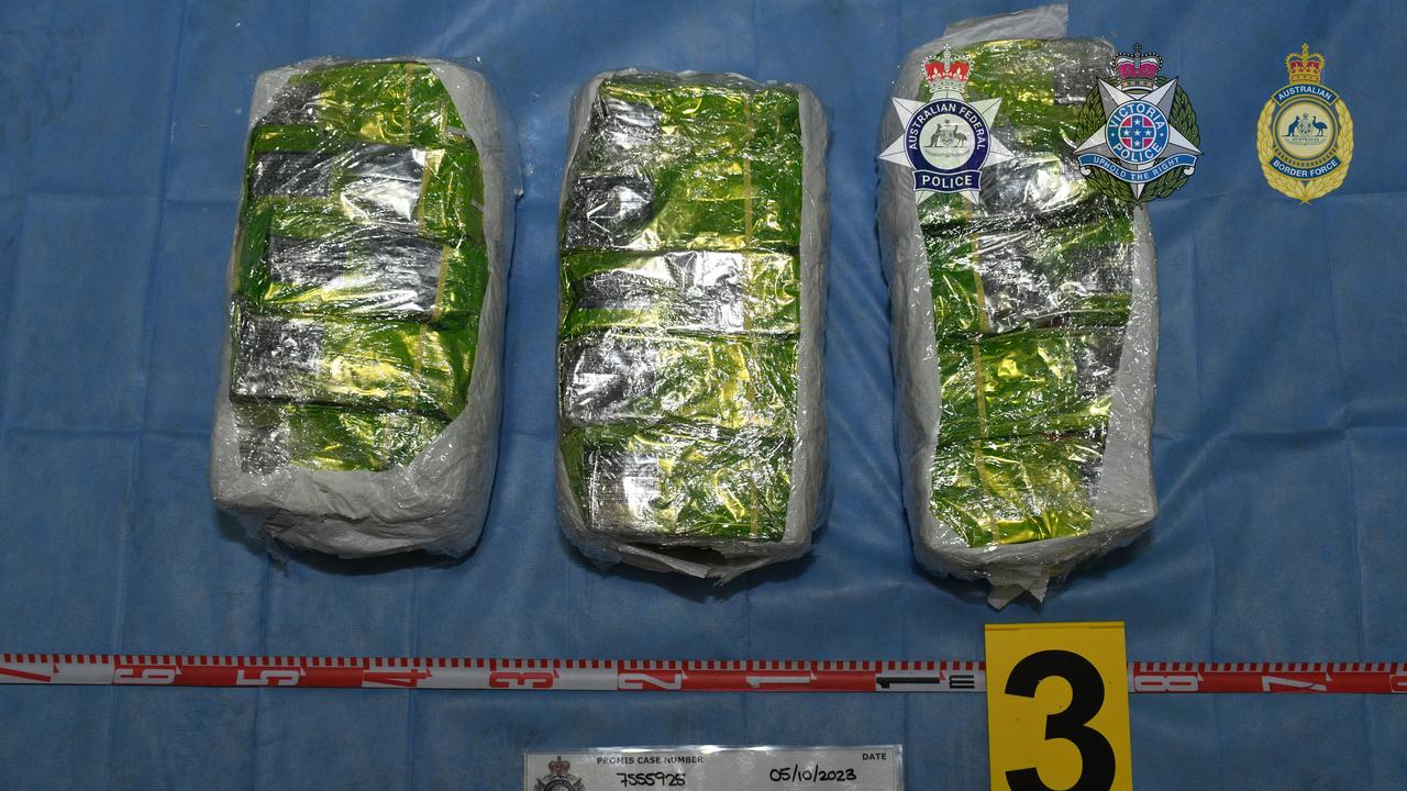 Hundreds of 1kg packages were found hidden inside the shipment, each containing the ‘white crystalline substance’. Picture: Victoria Police