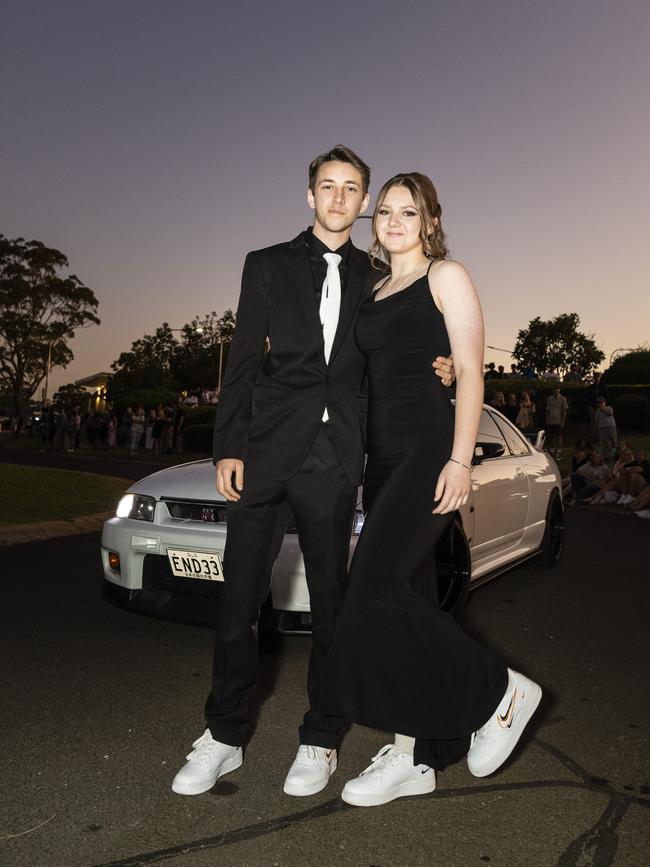 Maddex Acton and Ashleigh Jeans arrive at Harristown State High School formal at Highfields Cultural Centre, Friday, November 18, 2022. Picture: Kevin Farmer