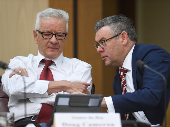 Labor Senators Doug Cameron (left) and Murray Watt at the Senate estimate hearing. Picture: AAP