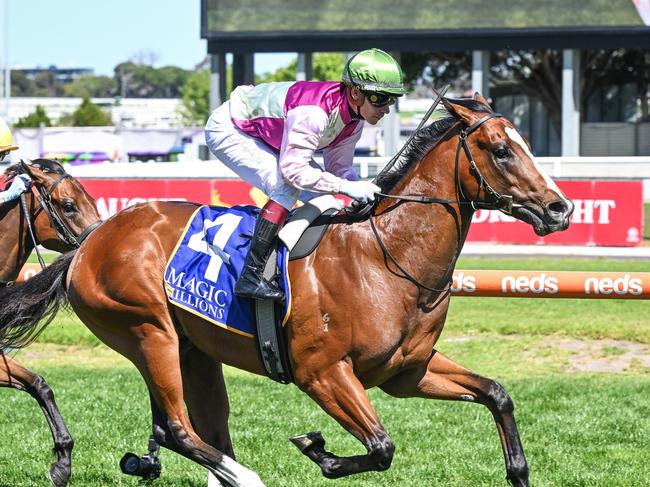 Coleman ridden by Ben Melham wins the Magic Millions Debutant Stakes at Caulfield Racecourse on October 18, 2023 in Caulfield, Australia. (Photo by Reg Ryan/Racing Photos via Getty Images)