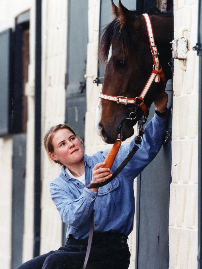 Bernadette Payne with racehorse Padre at Peter Jolly’s stables in 1995.