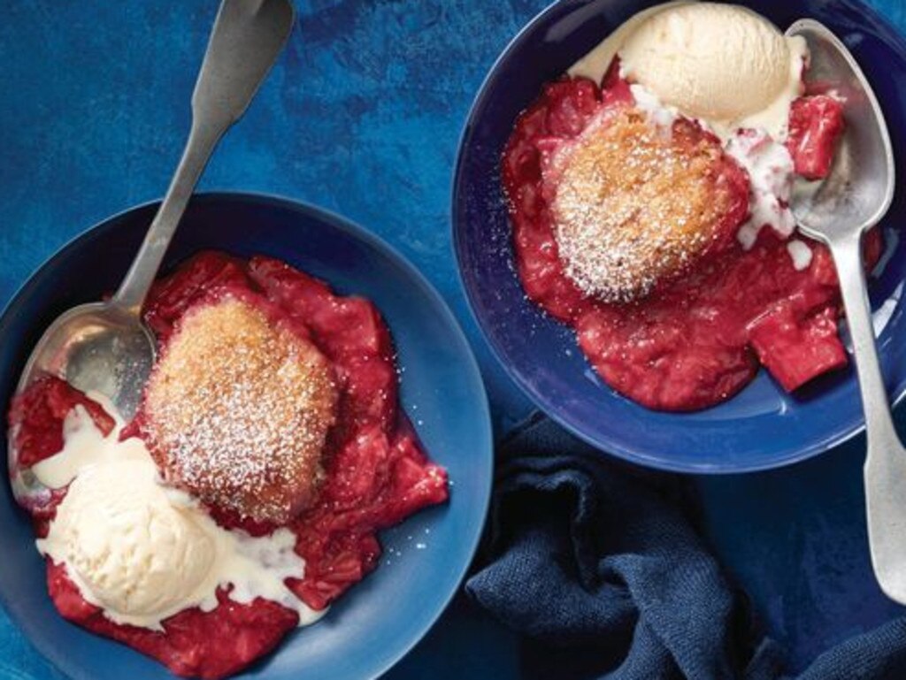 Slow cooker dumplings with rhubarb compote.