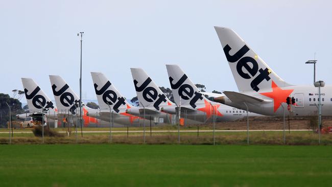 Jetstar jets grounded at Avalon airport during the COVID-19 pandemic. Picture: Aaron Francis