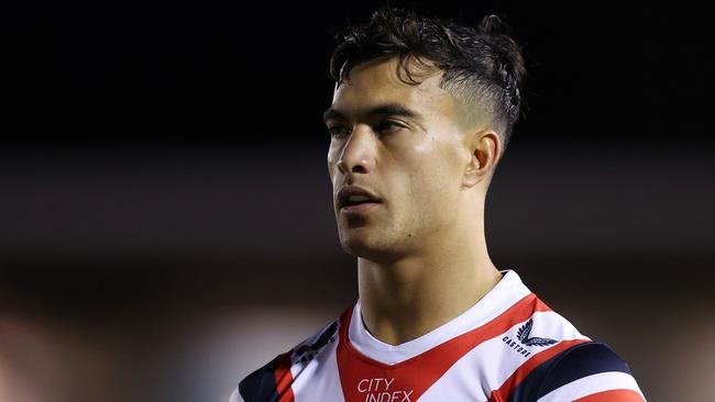 SYDNEY, AUSTRALIA - SEPTEMBER 09:  Joseph Suaalii of the Roosters warms up before the NRL Elimination Final match between Cronulla Sharks and Sydney Roosters at PointsBet Stadium on September 09, 2023 in Sydney, Australia. (Photo by Mark Metcalfe/Getty Images)