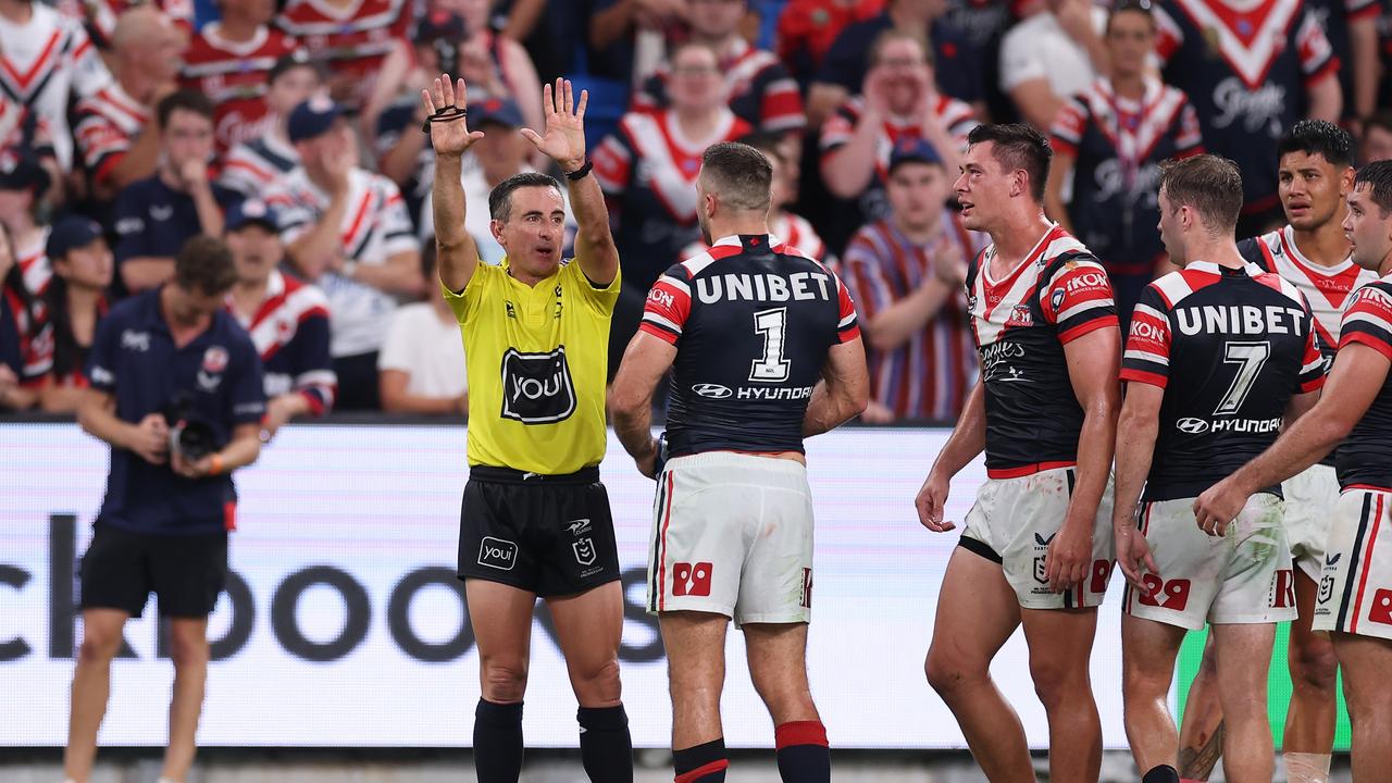 Roosters star Joseph Manu was sin-binned for a high shot late, while Souths’ Michael Chee Kam was marched for the scuffle that ensued. Picture: Getty Images.