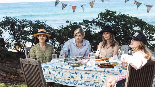 A scene from Paramount+ mystery drama One Night, Episode 1 featuring Hat (Yael Stone), Tess (Jodie Whittaker), Vicky (Kat Stewart) and Lily (Harper Simon). Photo by Lisa Tomasetti