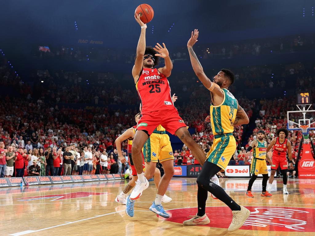 Keanu Pinder of the Wildcats puts a shot up during game one of the NBL Semifinal series between Perth Wildcats and Tasmania Jackjumpers. Picture: Paul Kane/Getty Images.