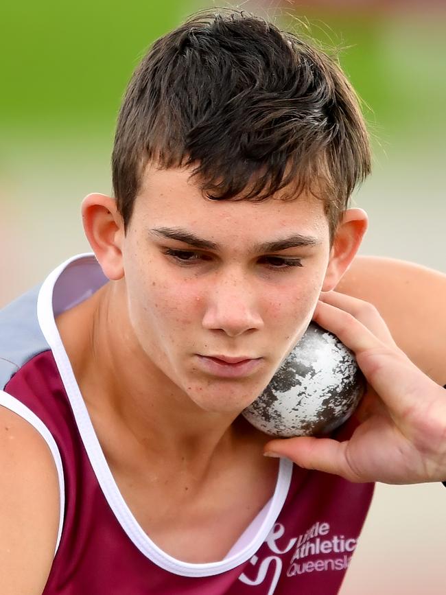 Caleb de Vries (QLD) competes in the Boys U14 Shot Put.