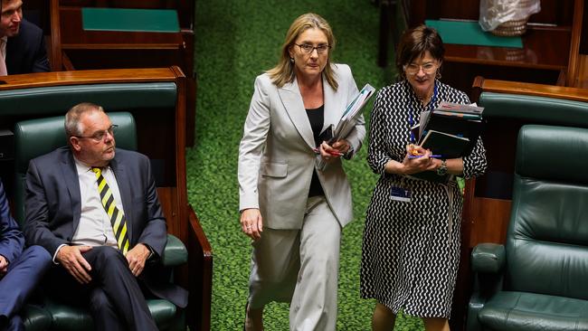 Premier Jacinta Allan (left) and Mary-Anne Thomas (right) arrive for Question Time at Parliament House, where Allan was questioned for 40 minutes. Picture: Asanka Ratnayake/Getty Images