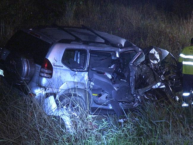 The scene of a two-vehicle crash at Cedar Creek overnight in which Julia May, 47, was killed. Picture: Loudlabs Australia.