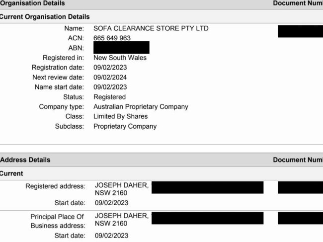 Sofa Clearance Store, registered in February 2023. Picture: Supplied