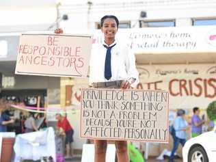 Student Frewoini Baune at the Lismore climate protest. Picture: Marc Stapelberg