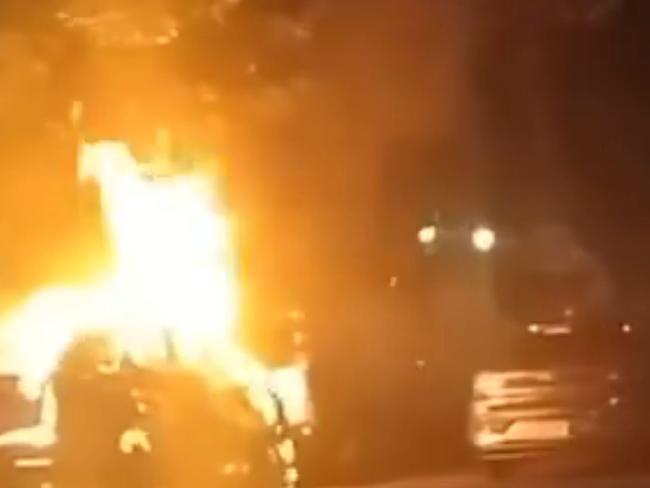 Police are investigating after a video emerged of a car being set alight and exploding in St Kilda East on Thursday night. Picture: X