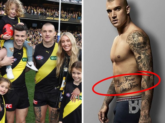 Trent Cotchin with his family and Dustin Martin and (right), the infamous tattoo. Photos: Michael Klein and supplied.