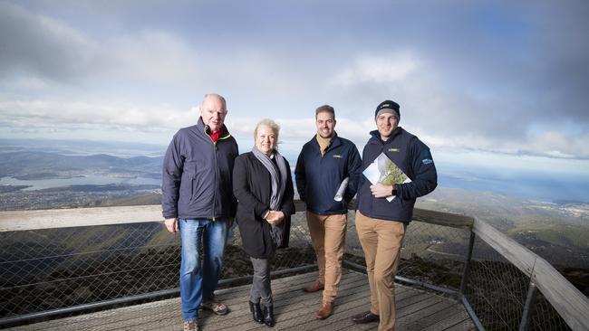 Chris Oldfield, Jude Franks, Adrian Bold and Christian Rainey on the summit. Mount Wellington Cableway Company hold a media event to announce further detail of the development application. Picture: RICHARD JUPE