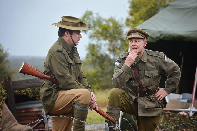 Sergeant James Stewart and Corporal Tom Hess discuss the Battle of Pozieres dressed as Private John Leak VC and Major Duncan Chapman. Picture: Renee Albrecht