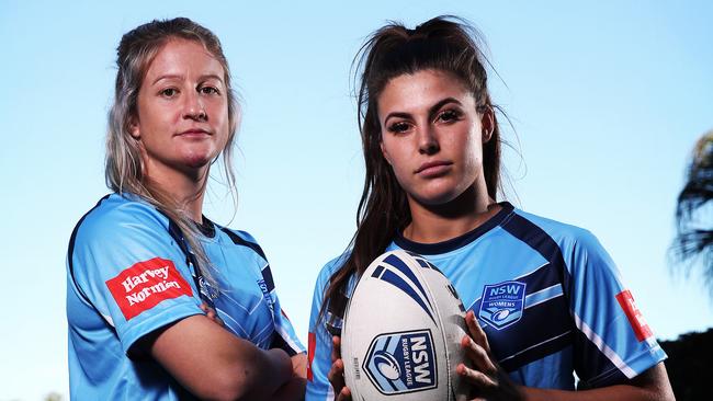 Talesha Quinn (left) and Jessie Sergies in Origin camp at Kiama. Quinn is pulling on a Blues jumper for the first time since 2012. Picture: Tim Hunter