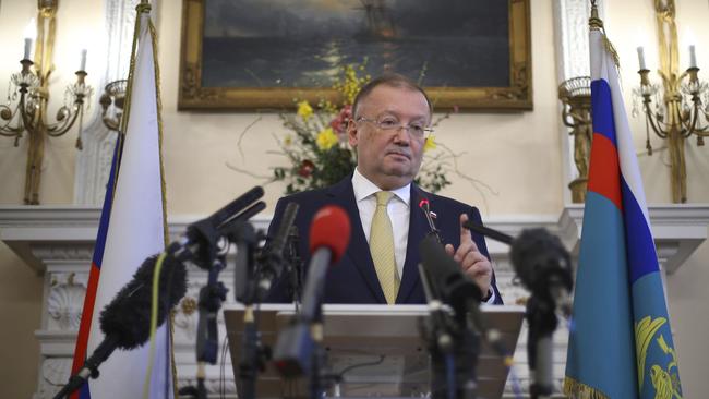 Russian ambassador to the UK Alexander Yakovenko speaks about the poisoning incident, at the Russian Embassy in London. Picture; AP.