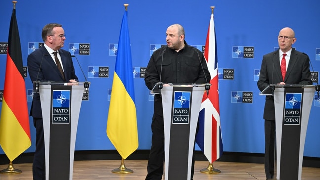John Healey, right, with his Ukrainian and German counterparts Rustem Umerov, centre, and Boris Pistorius. Picture: Dursun Aydemir/Getty Images