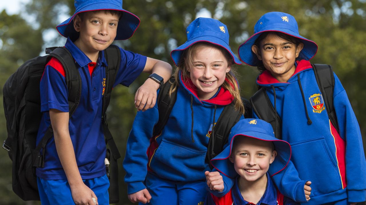 Downlands College students (from left) Cohen Moore, Sophie Reynolds, Jaxson Parker and Sasithmi Kevitiyagala as the college announces it will take Prep students from 2023. Picture: Kevin Farmer